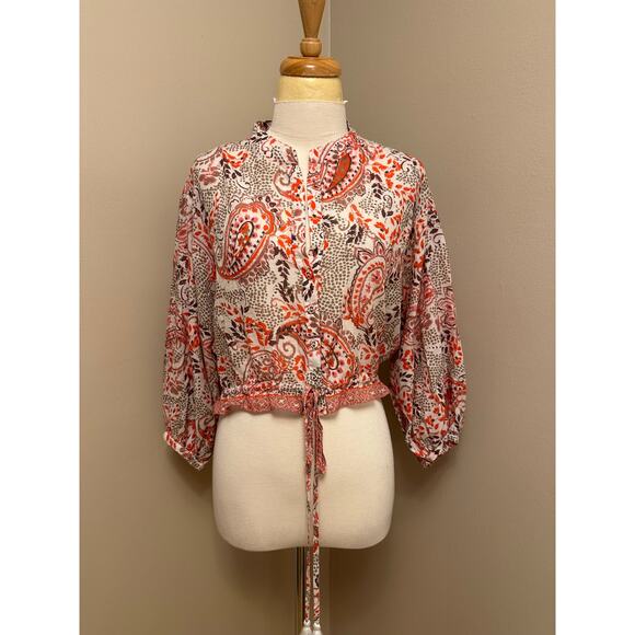 Cara Cara Perrin Top Cream/Orange Paisley Split Neck Cropped Hem Sz Small - Picture 1 of 8